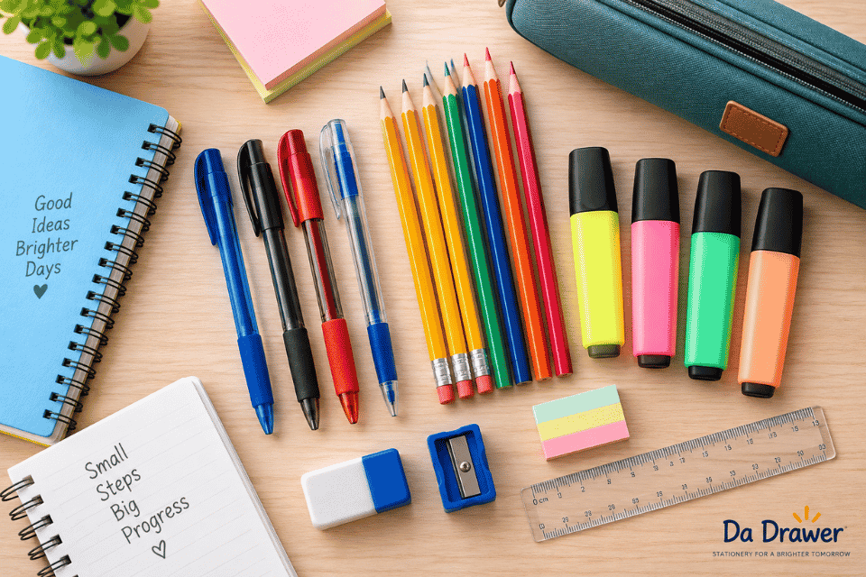 Da Drawer organized school stationery kit with pens, pencils, notebooks and school supplies