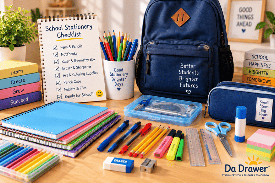 Da Drawer school stationery checklist with notebooks, pens, pencils and school supplies